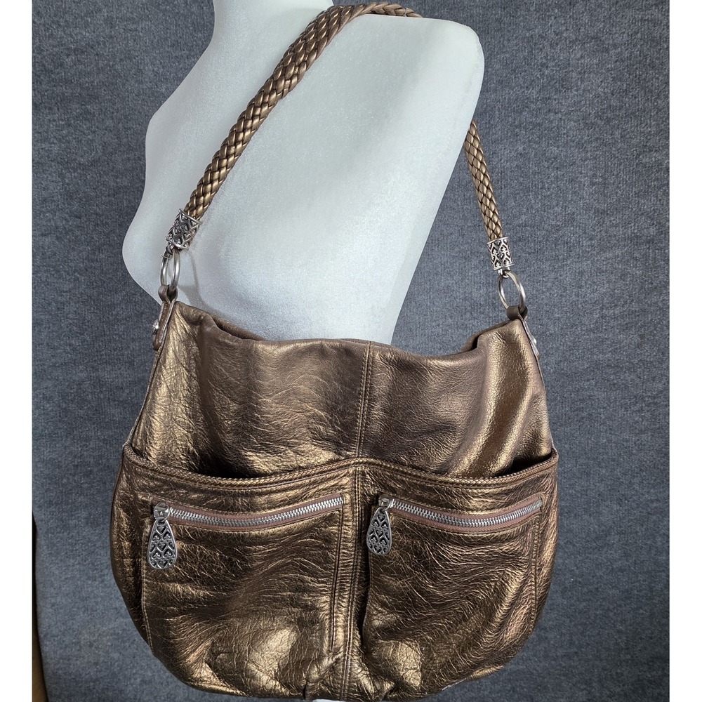 Vintage Brighton Bronze Metallic Leather‎ Hobo Large Bag Braided Strap Shoulder